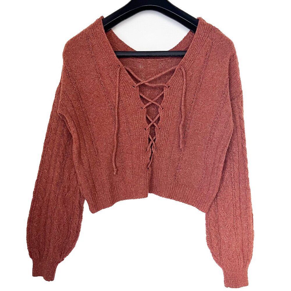 Boho Lace-Up Crop Sweater | Chunky Knit Long Sleeve | Cottagecore Y2K